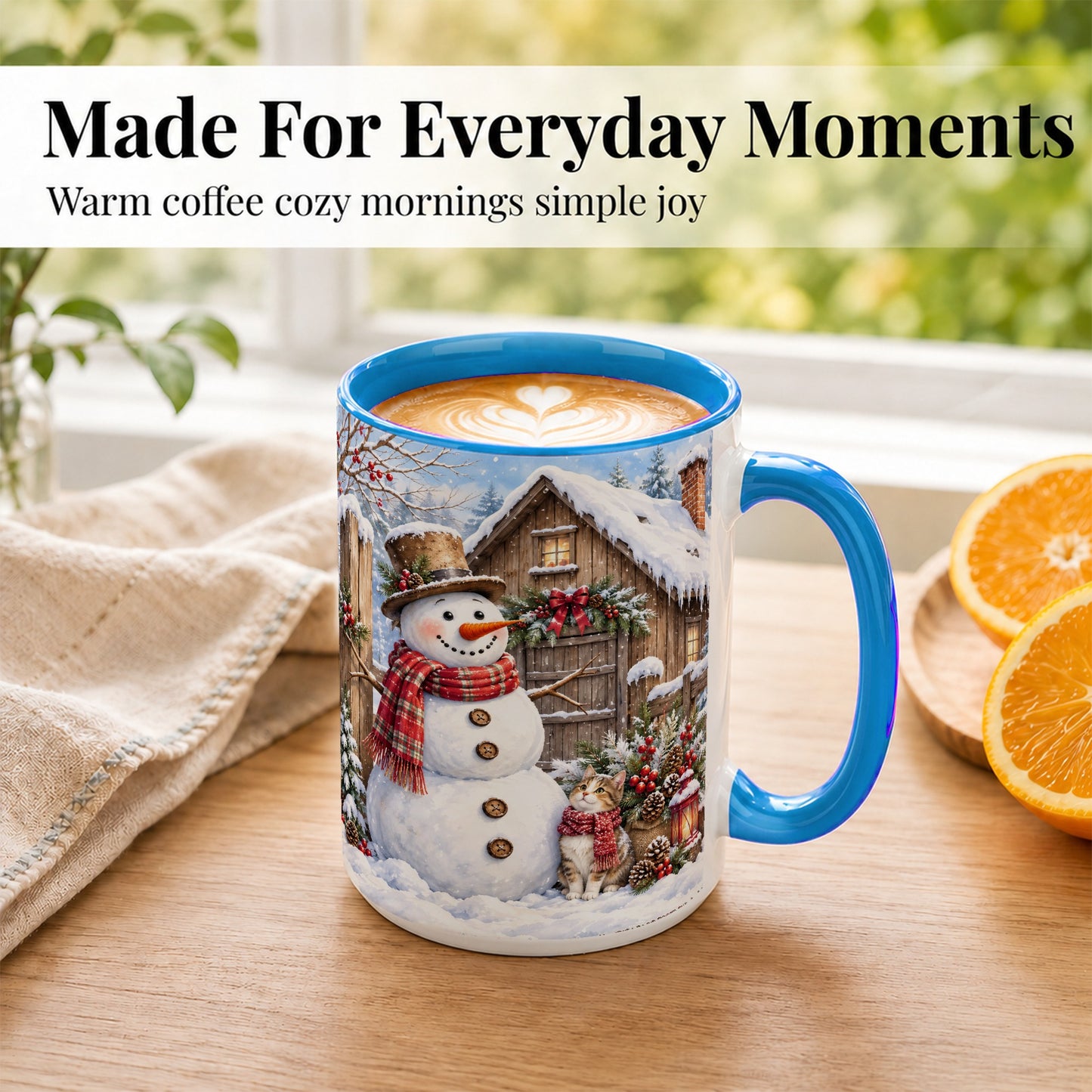 #pl[15oz|Blue] Snowman and Cat Coffee Mug, Cozy Winter Cabin Mug, Ceramic Cup