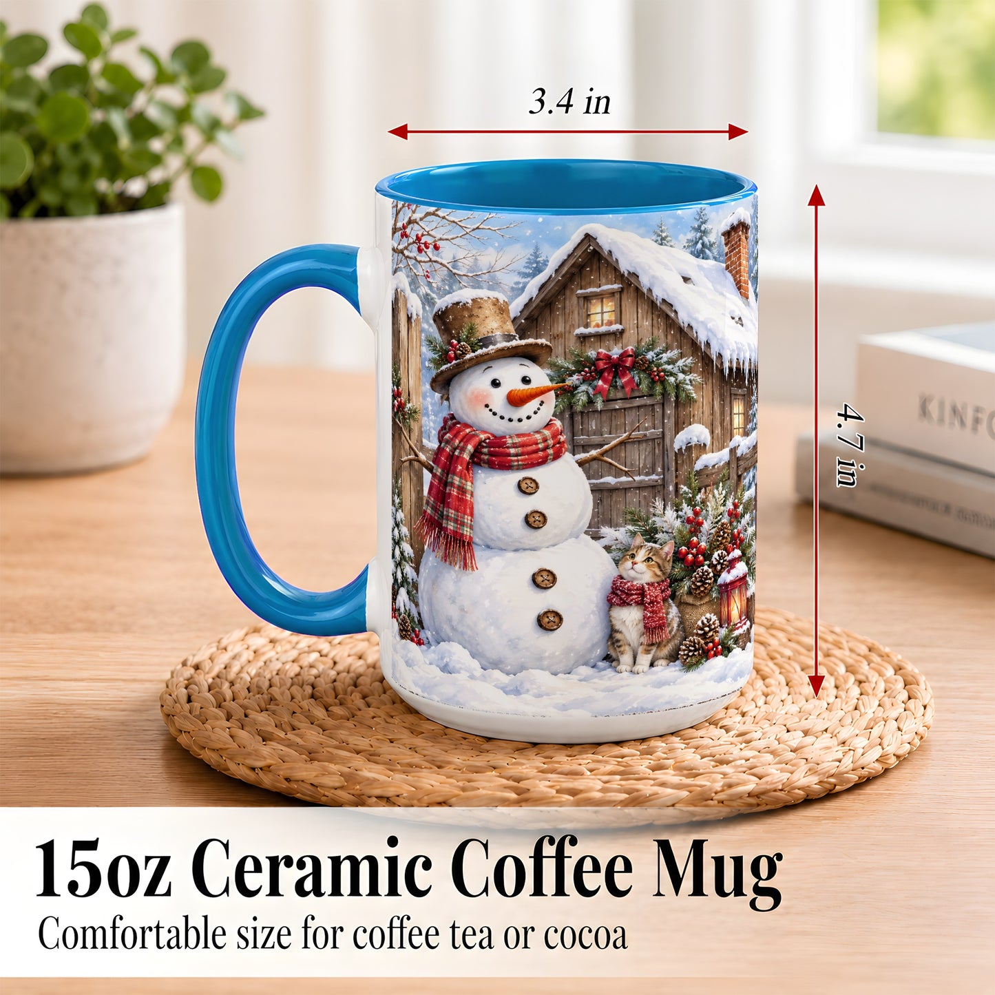 #pl[15oz|Blue] Snowman and Cat Coffee Mug, Cozy Winter Cabin Mug, Ceramic Cup