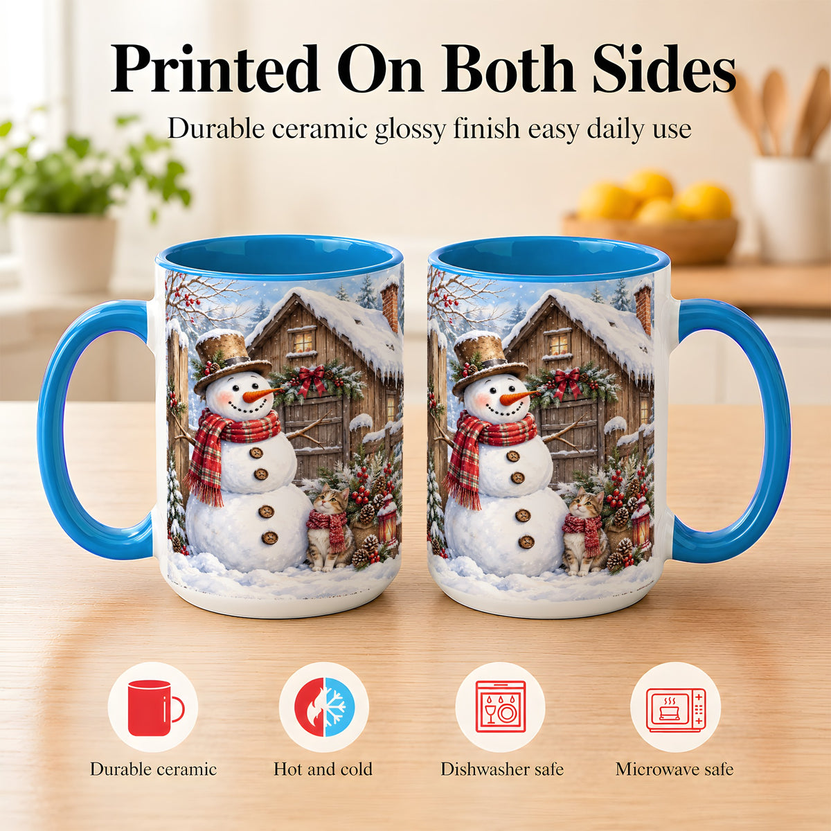 #pl[15oz|Blue] Snowman and Cat Coffee Mug, Cozy Winter Cabin Mug, Ceramic Cup