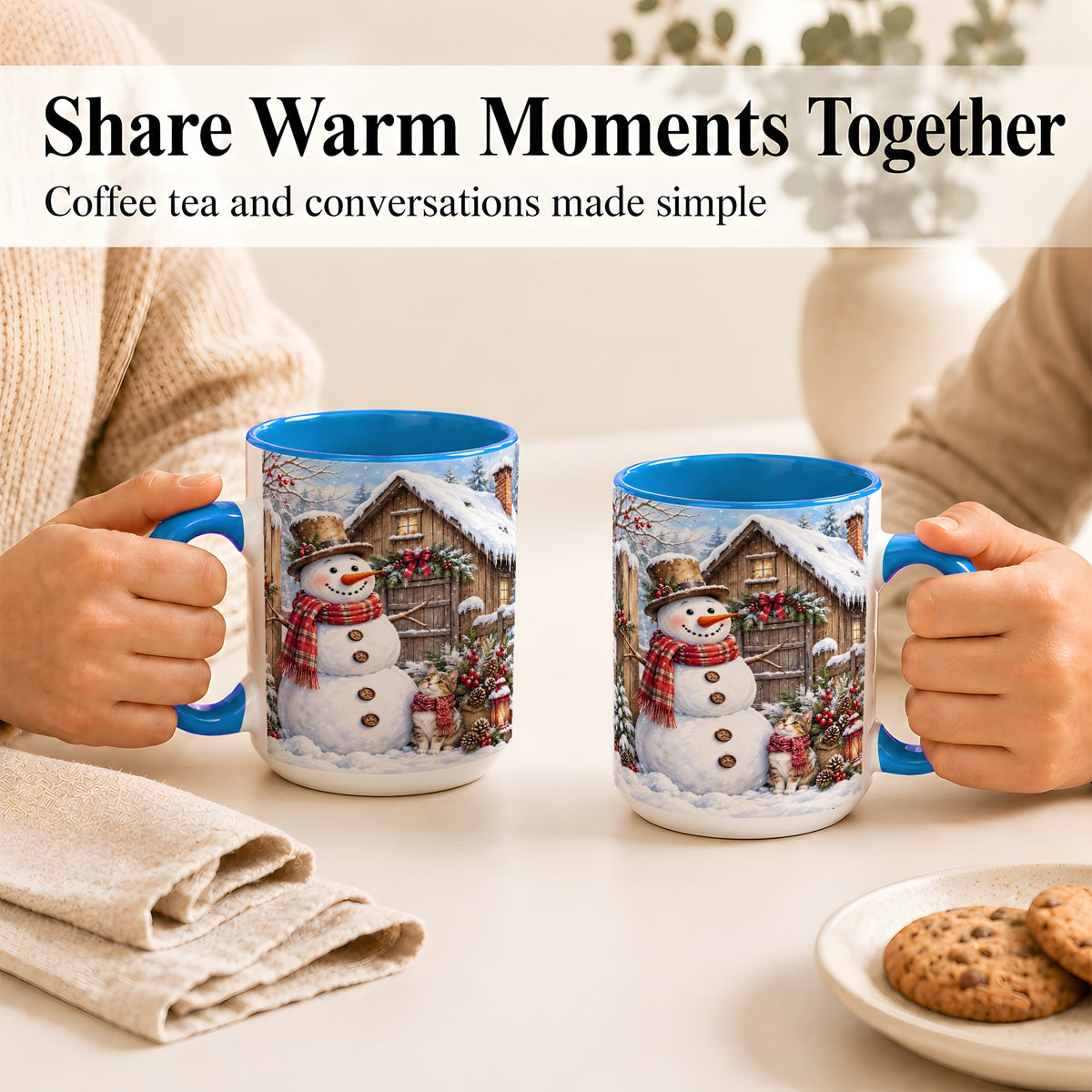 #pl[15oz|Blue] Snowman and Cat Coffee Mug, Cozy Winter Cabin Mug, Ceramic Cup