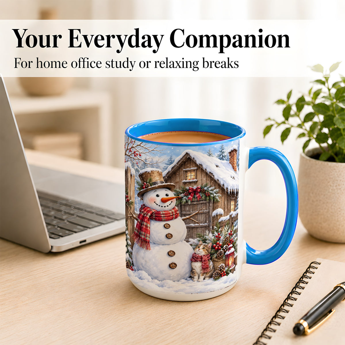#pl[15oz|Blue] Snowman and Cat Coffee Mug, Cozy Winter Cabin Mug, Ceramic Cup
