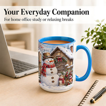 #pl[15oz|Blue] Snowman and Cat Coffee Mug, Cozy Winter Cabin Mug, Ceramic Cup