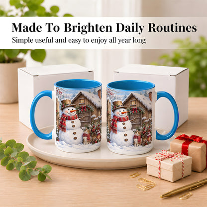 #pl[15oz|Blue] Snowman and Cat Coffee Mug, Cozy Winter Cabin Mug, Ceramic Cup