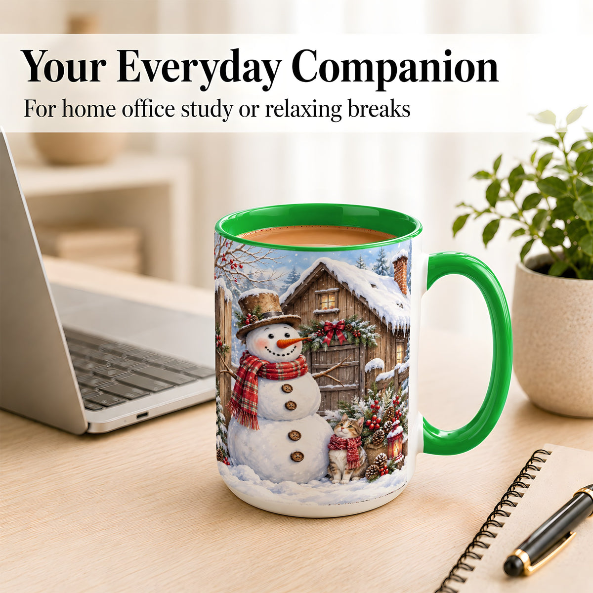 #pl[15oz|Green] Snowman and Cat Coffee Mug, Cozy Winter Cabin Mug, Ceramic Cup