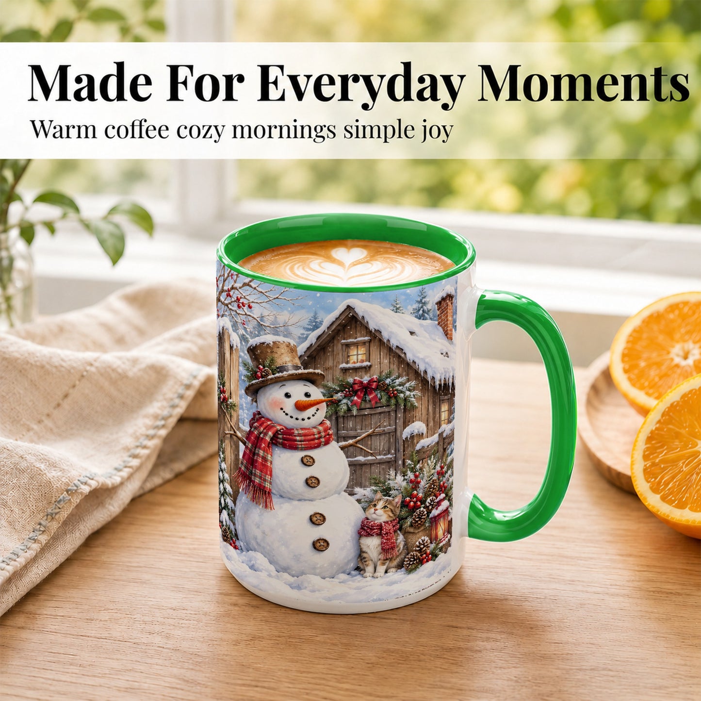#pl[15oz|Green] Snowman and Cat Coffee Mug, Cozy Winter Cabin Mug, Ceramic Cup