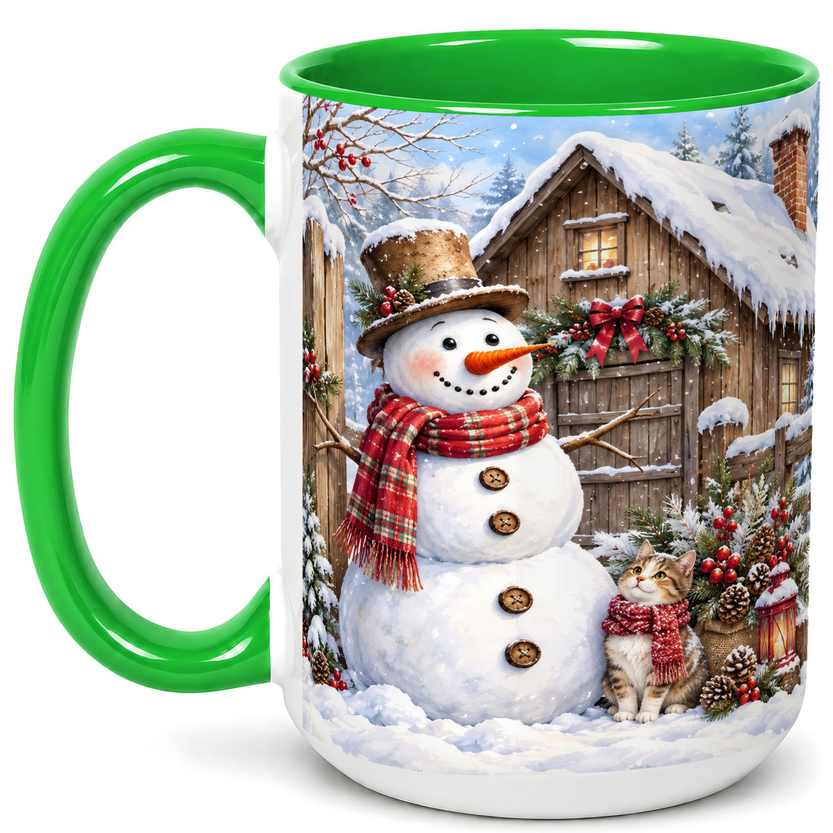 #pl[15oz|Green] Snowman and Cat Coffee Mug, Cozy Winter Cabin Mug, Ceramic Cup