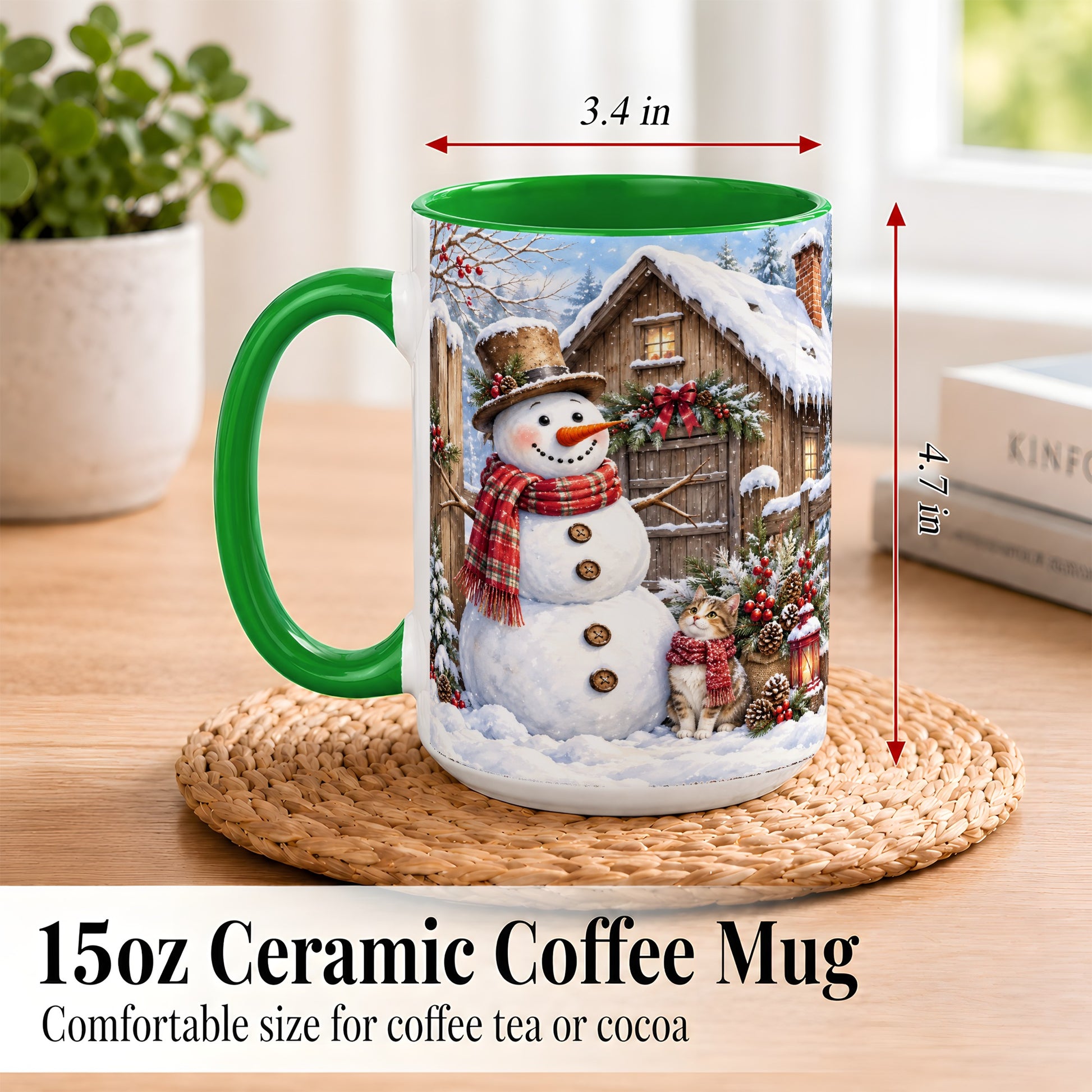 #pl[15oz|Green] Snowman and Cat Coffee Mug, Cozy Winter Cabin Mug, Ceramic Cup