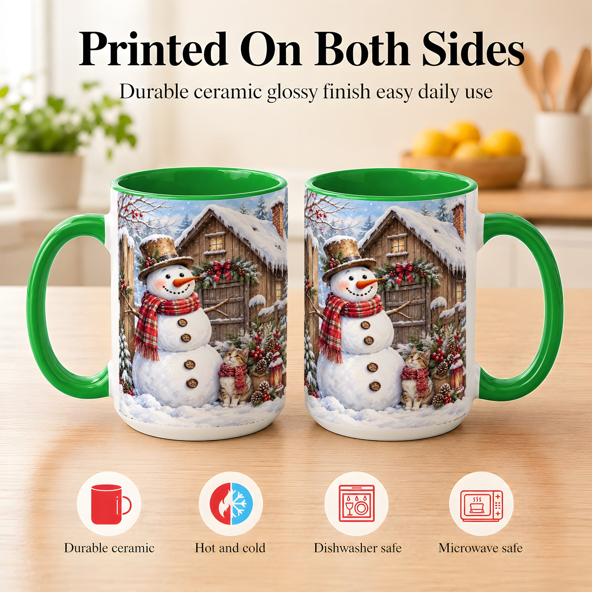 #pl[15oz|Green] Snowman and Cat Coffee Mug, Cozy Winter Cabin Mug, Ceramic Cup
