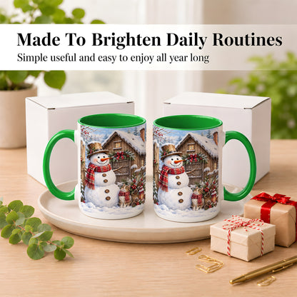 #pl[15oz|Green] Snowman and Cat Coffee Mug, Cozy Winter Cabin Mug, Ceramic Cup