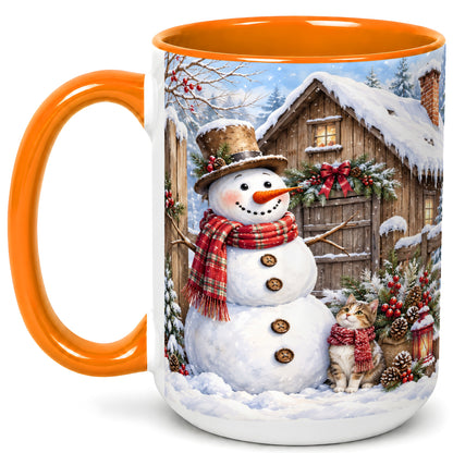 #pl[15oz|Orange] Snowman and Cat Coffee Mug, Cozy Winter Cabin Mug, Ceramic Cup
