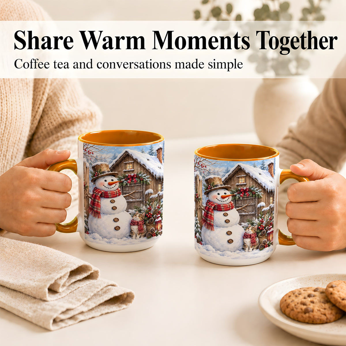 #pl[15oz|Orange] Snowman and Cat Coffee Mug, Cozy Winter Cabin Mug, Ceramic Cup