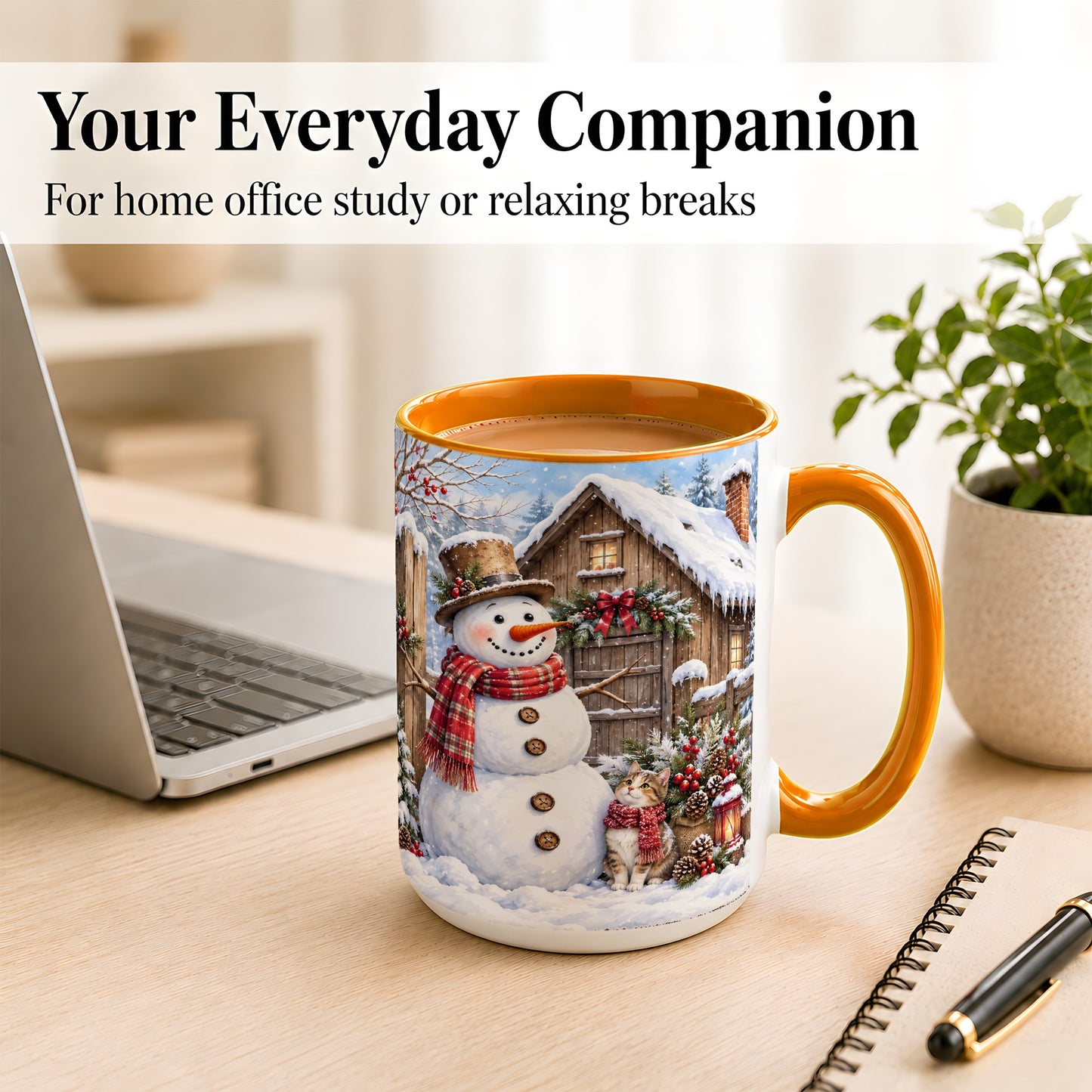 #pl[15oz|Orange] Snowman and Cat Coffee Mug, Cozy Winter Cabin Mug, Ceramic Cup