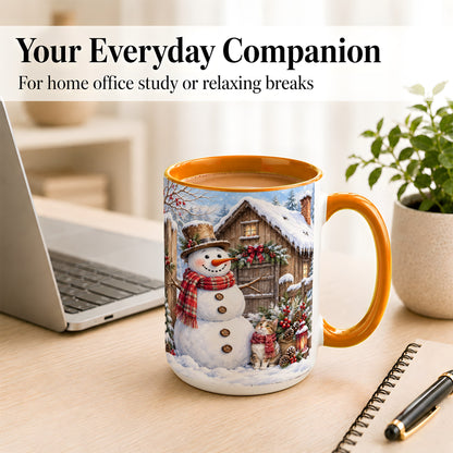 #pl[15oz|Orange] Snowman and Cat Coffee Mug, Cozy Winter Cabin Mug, Ceramic Cup
