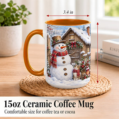 #pl[15oz|Orange] Snowman and Cat Coffee Mug, Cozy Winter Cabin Mug, Ceramic Cup