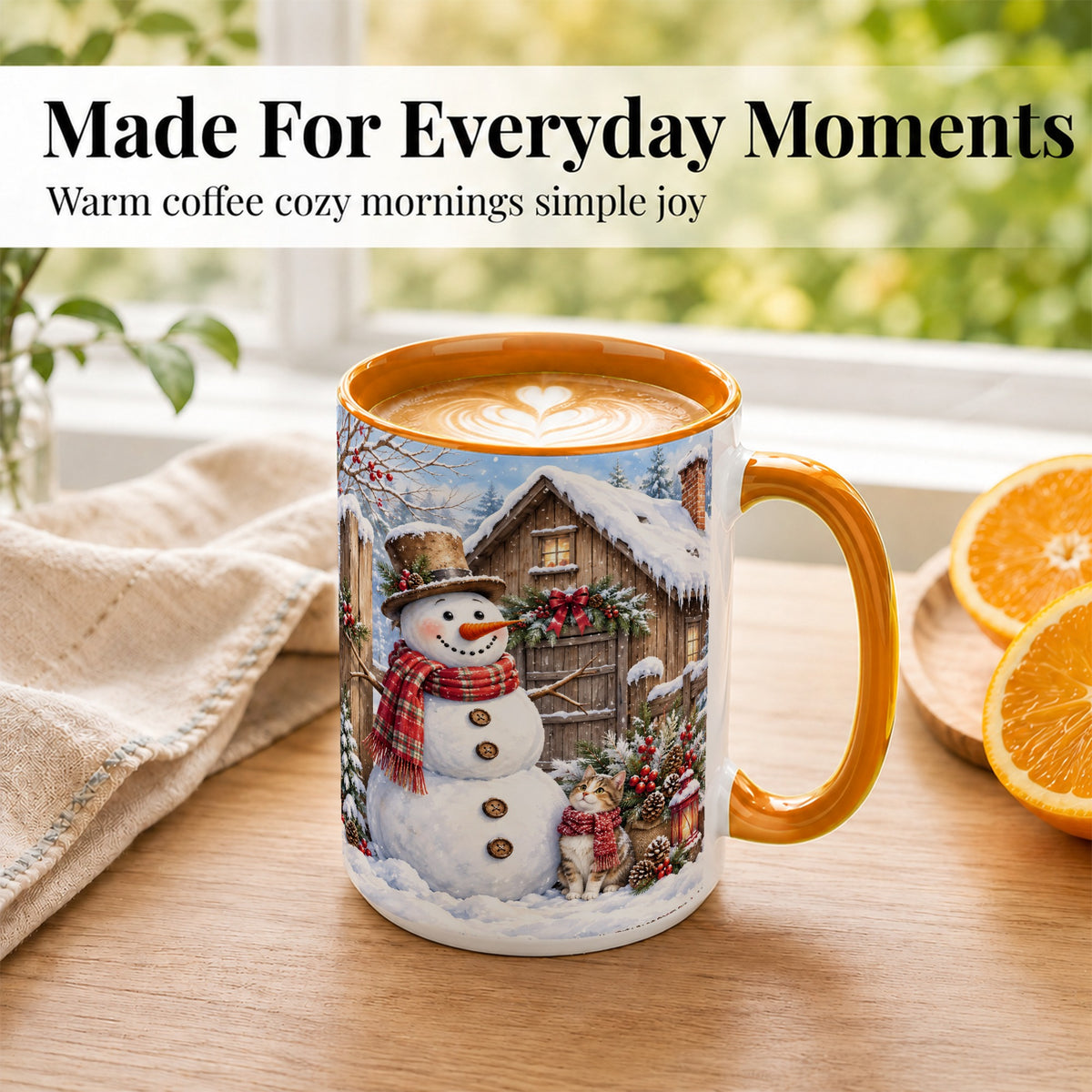 #pl[15oz|Orange] Snowman and Cat Coffee Mug, Cozy Winter Cabin Mug, Ceramic Cup