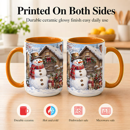 #pl[15oz|Orange] Snowman and Cat Coffee Mug, Cozy Winter Cabin Mug, Ceramic Cup