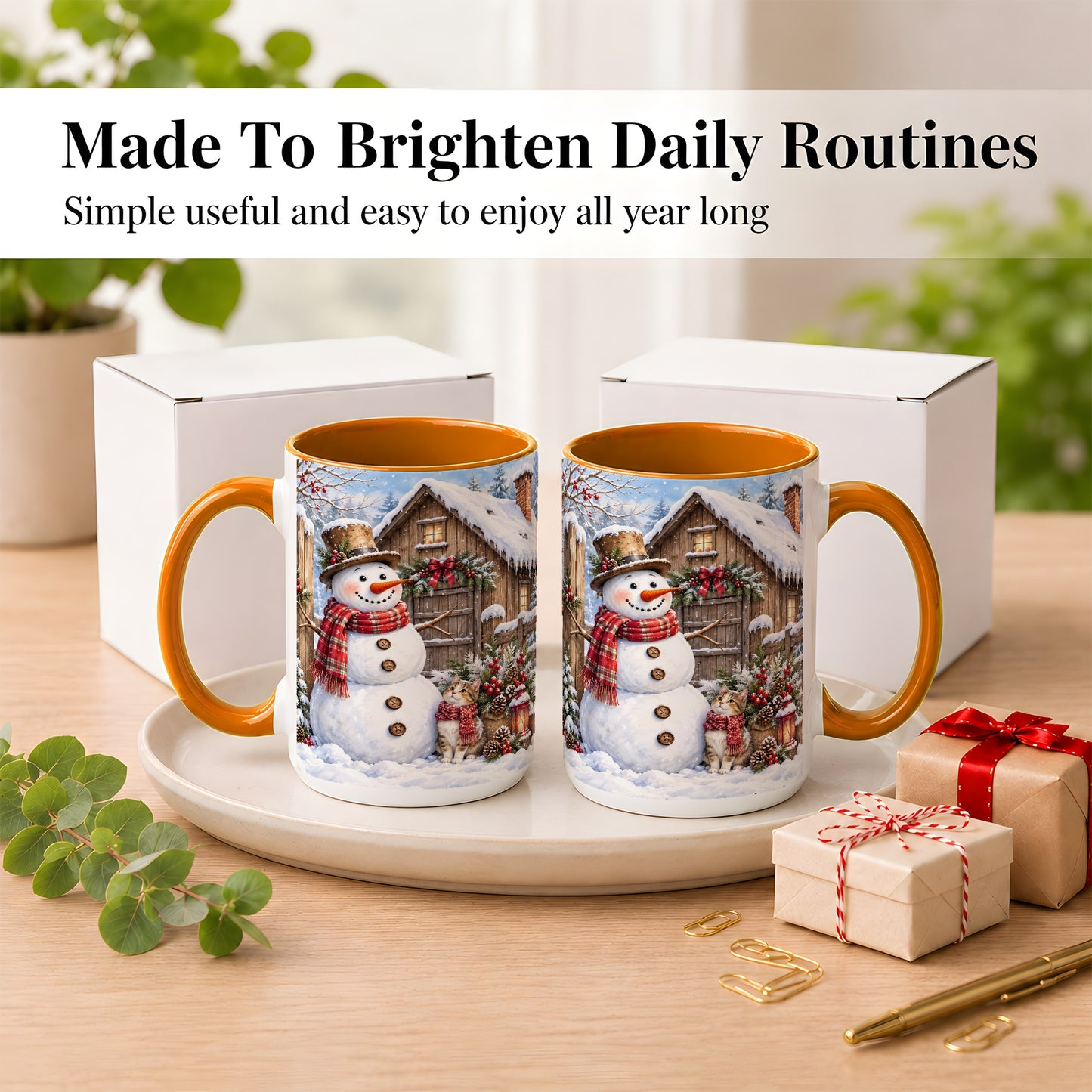 #pl[15oz|Orange] Snowman and Cat Coffee Mug, Cozy Winter Cabin Mug, Ceramic Cup