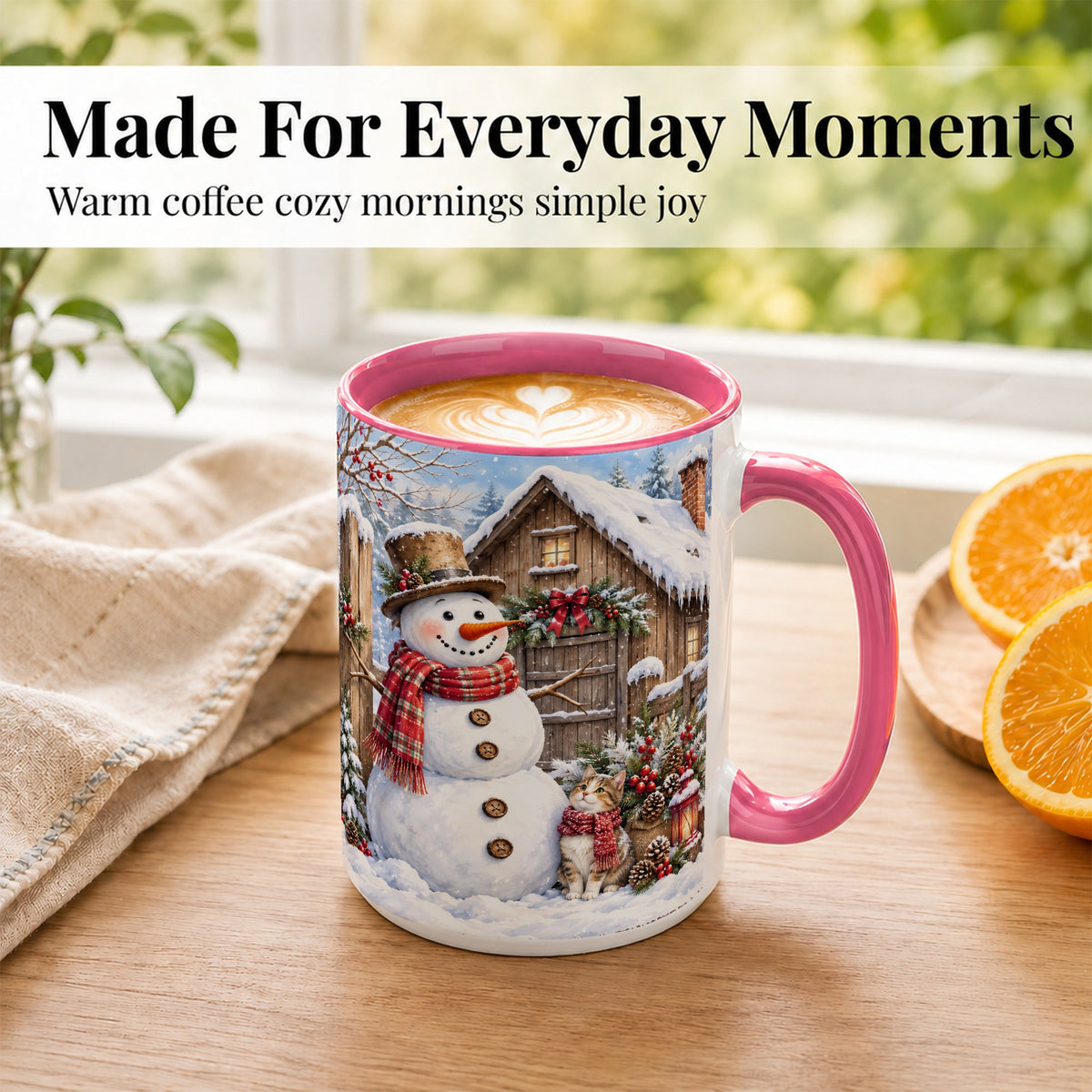 #pl[15oz|Pink] Snowman and Cat Coffee Mug, Cozy Winter Cabin Mug, Ceramic Cup