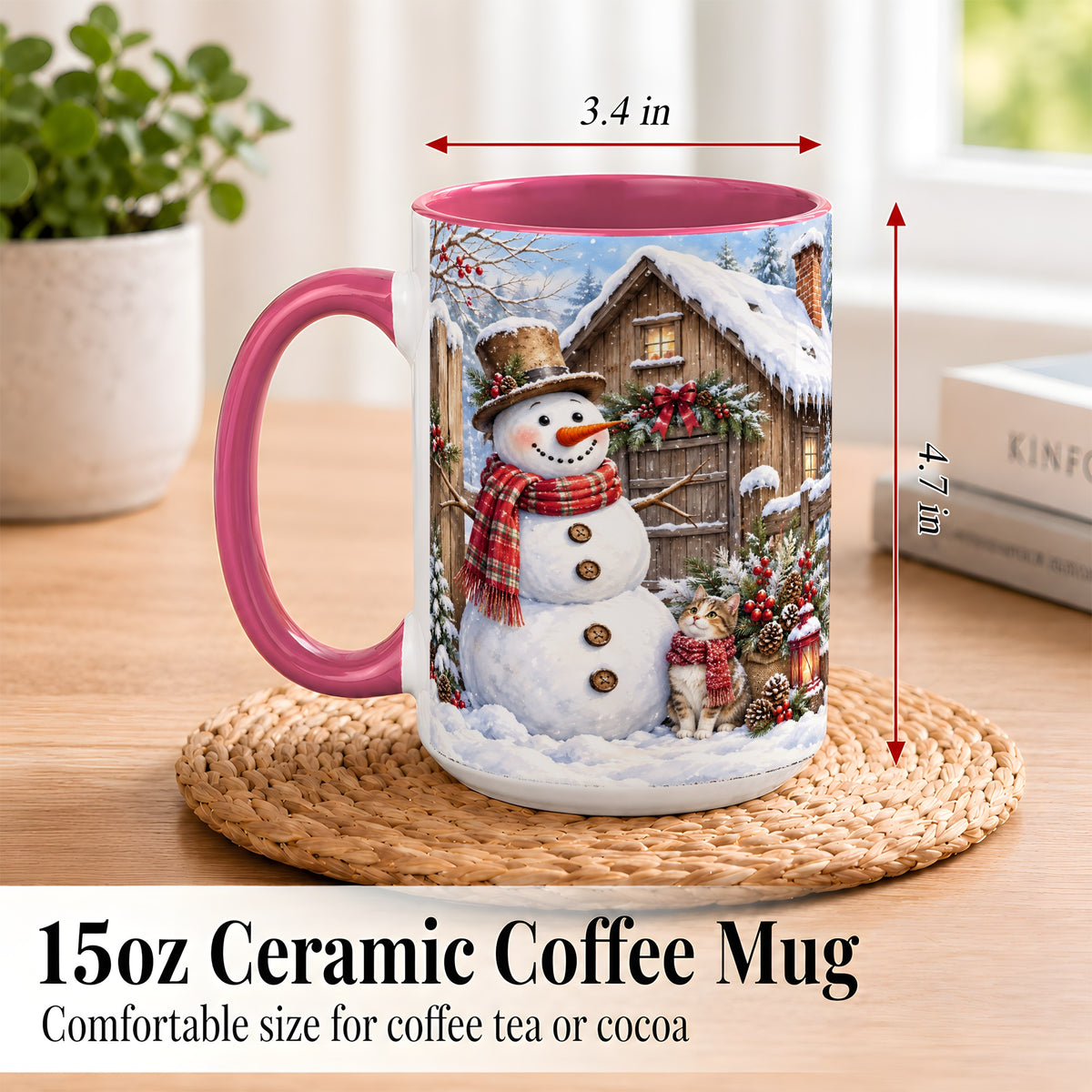 #pl[15oz|Pink] Snowman and Cat Coffee Mug, Cozy Winter Cabin Mug, Ceramic Cup