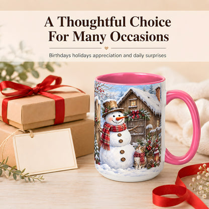 #pl[15oz|Pink] Snowman and Cat Coffee Mug, Cozy Winter Cabin Mug, Ceramic Cup