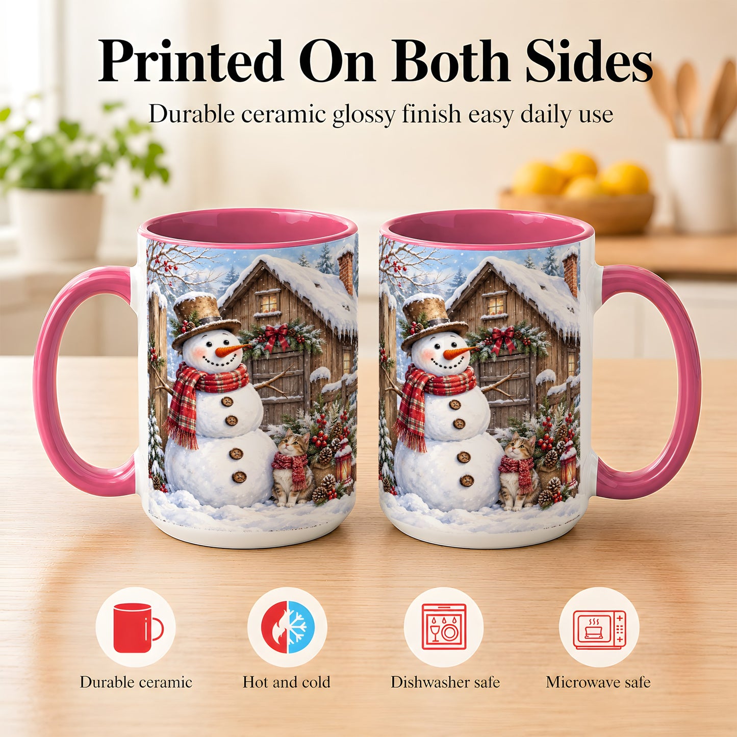 #pl[15oz|Pink] Snowman and Cat Coffee Mug, Cozy Winter Cabin Mug, Ceramic Cup