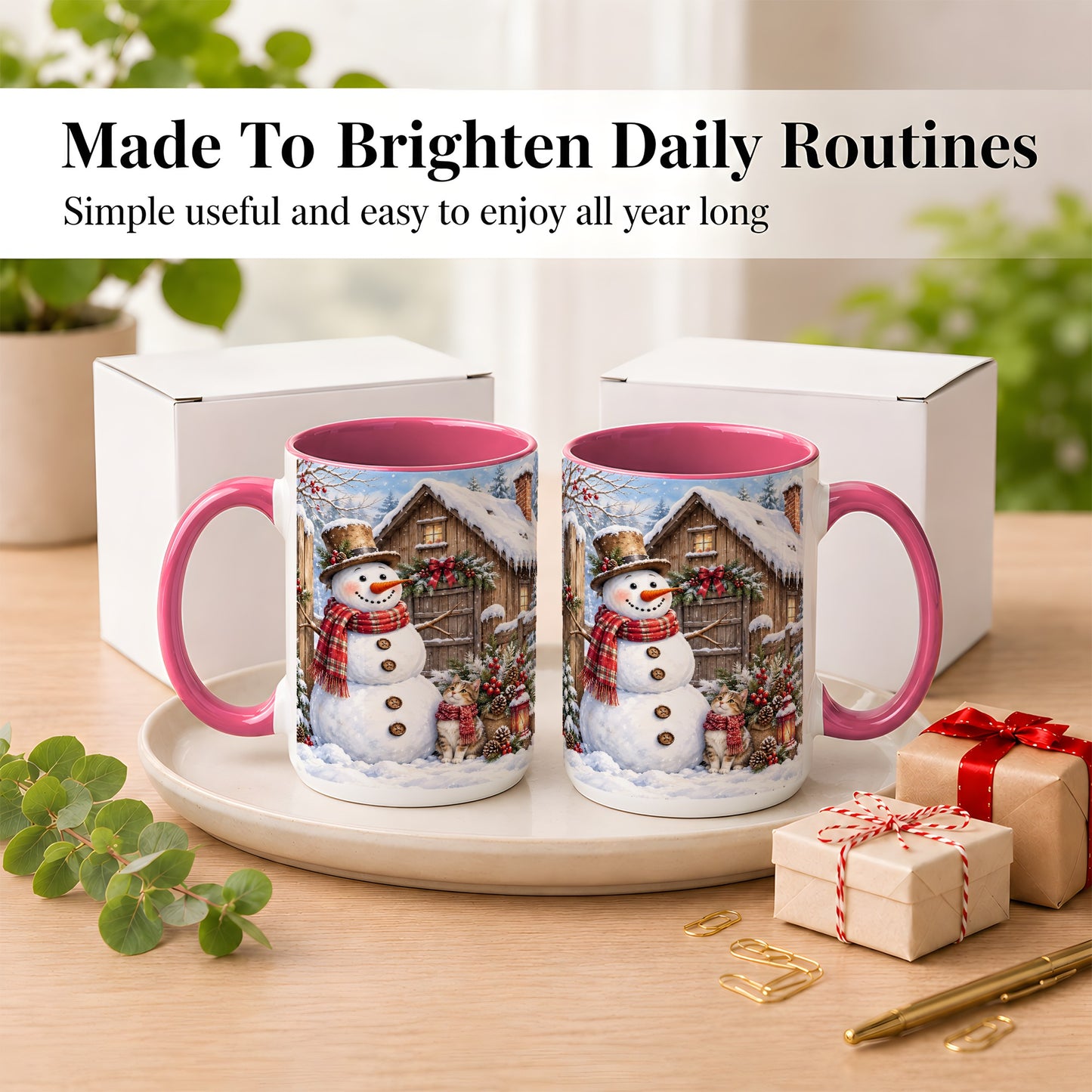 #pl[15oz|Pink] Snowman and Cat Coffee Mug, Cozy Winter Cabin Mug, Ceramic Cup
