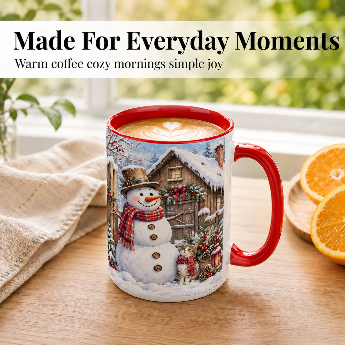 #pl[15oz|Red] Snowman and Cat Coffee Mug, Cozy Winter Cabin Mug, Ceramic Cup