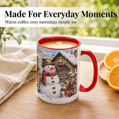 #pl[15oz|Red] Snowman and Cat Coffee Mug, Cozy Winter Cabin Mug, Ceramic Cup