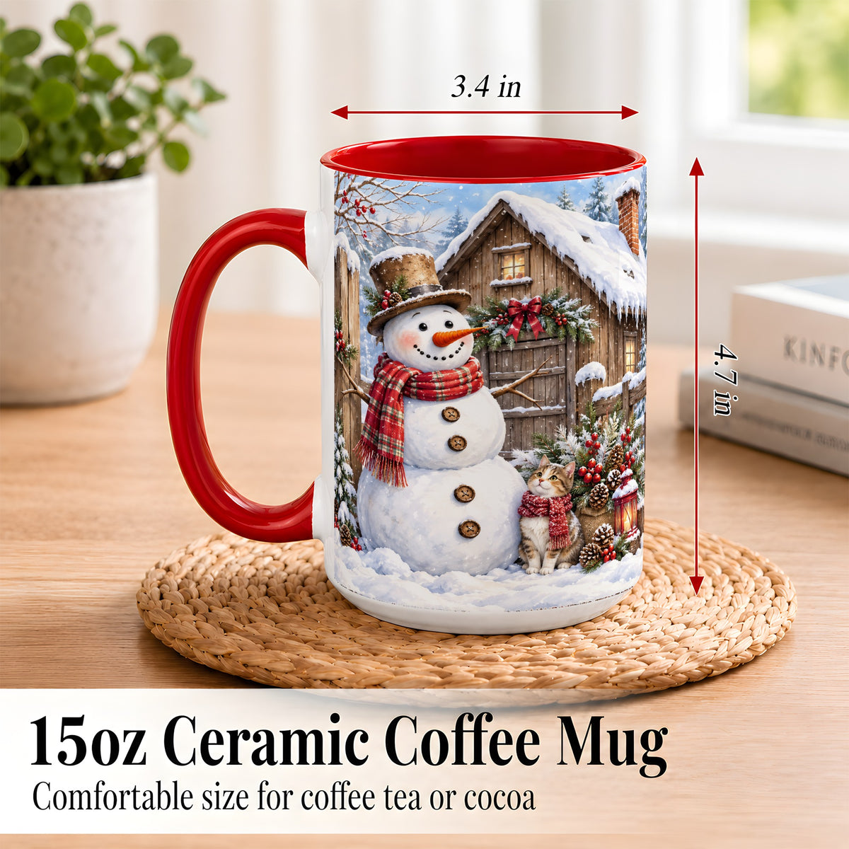 #pl[15oz|Red] Snowman and Cat Coffee Mug, Cozy Winter Cabin Mug, Ceramic Cup