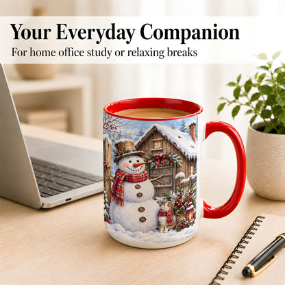 #pl[15oz|Red] Snowman and Cat Coffee Mug, Cozy Winter Cabin Mug, Ceramic Cup