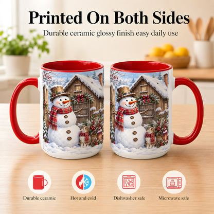 #pl[15oz|Red] Snowman and Cat Coffee Mug, Cozy Winter Cabin Mug, Ceramic Cup