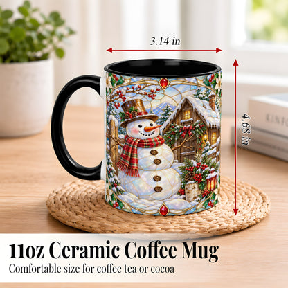 #pl[11oz|Black] Stained Glass Snowman Coffee Mug, Winter Cabin Mug, Ceramic Cup