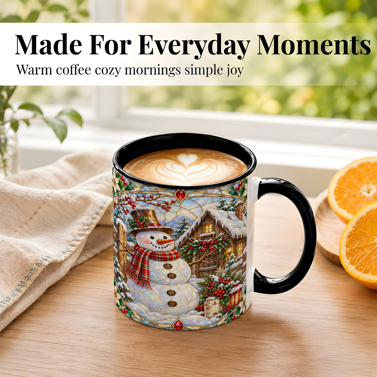 #pl[11oz|Black] Stained Glass Snowman Coffee Mug, Winter Cabin Mug, Ceramic Cup