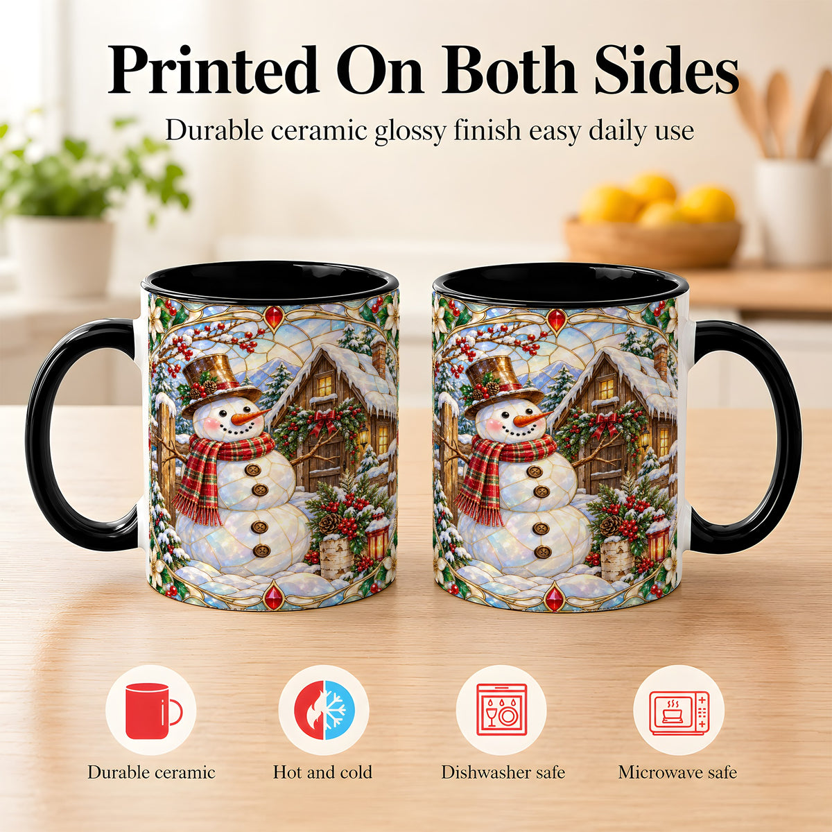 #pl[11oz|Black] Stained Glass Snowman Coffee Mug, Winter Cabin Mug, Ceramic Cup