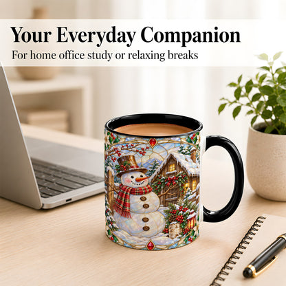 #pl[11oz|Black] Stained Glass Snowman Coffee Mug, Winter Cabin Mug, Ceramic Cup