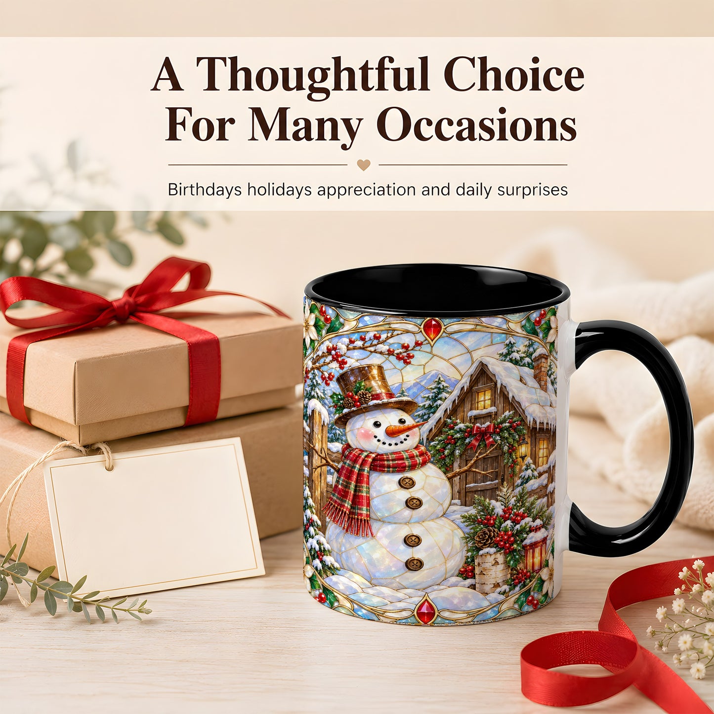 #pl[11oz|Black] Stained Glass Snowman Coffee Mug, Winter Cabin Mug, Ceramic Cup