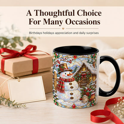 #pl[11oz|Black] Stained Glass Snowman Coffee Mug, Winter Cabin Mug, Ceramic Cup