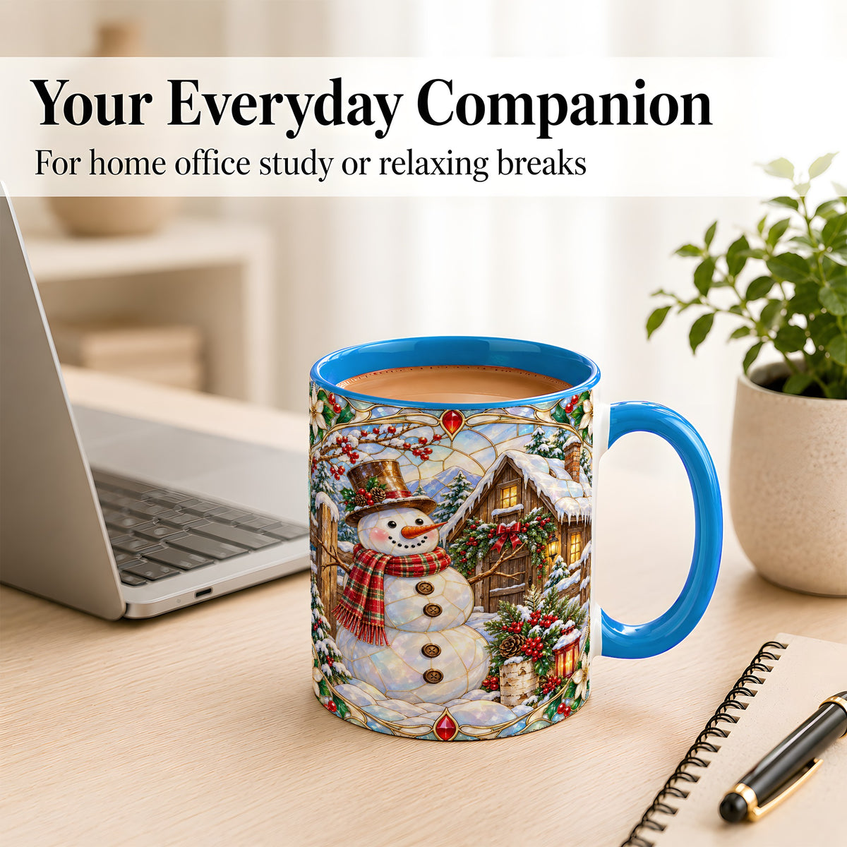 #pl[11oz|Blue] Stained Glass Snowman Coffee Mug, Winter Cabin Mug, Ceramic Cup