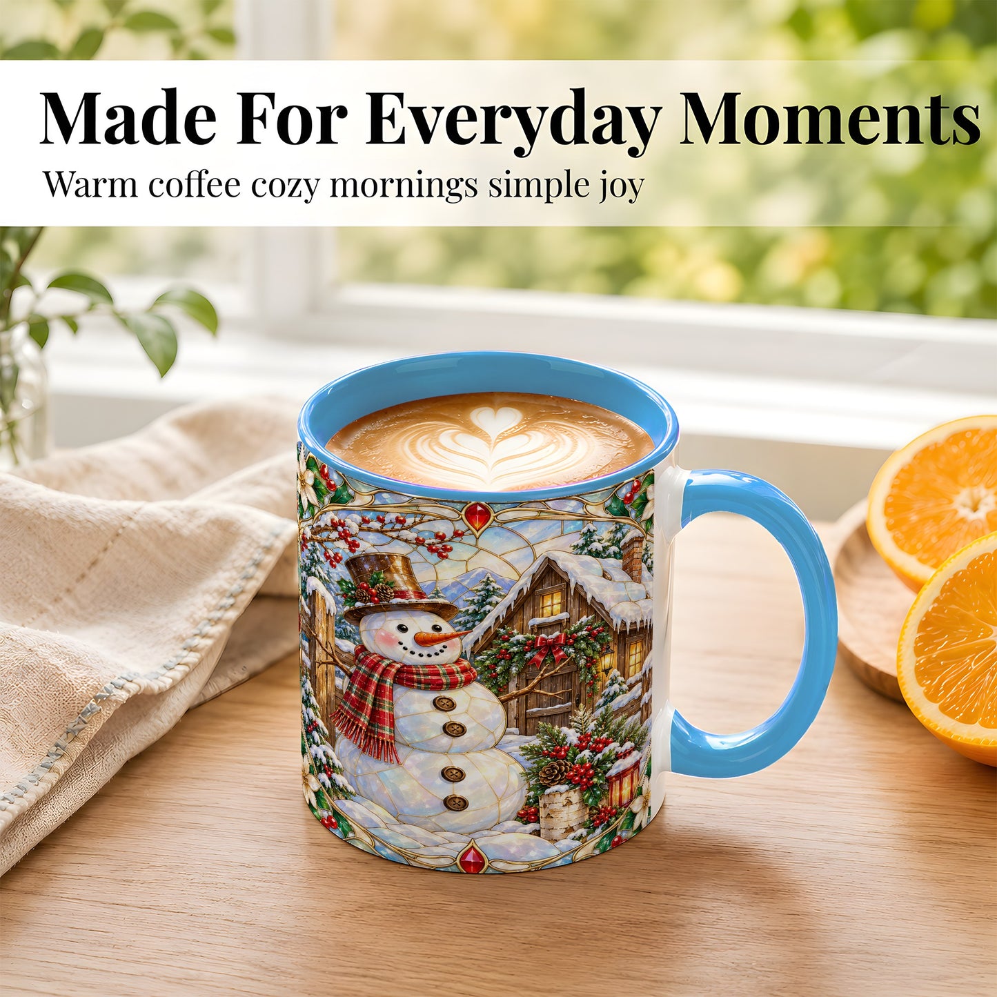#pl[11oz|Blue] Stained Glass Snowman Coffee Mug, Winter Cabin Mug, Ceramic Cup