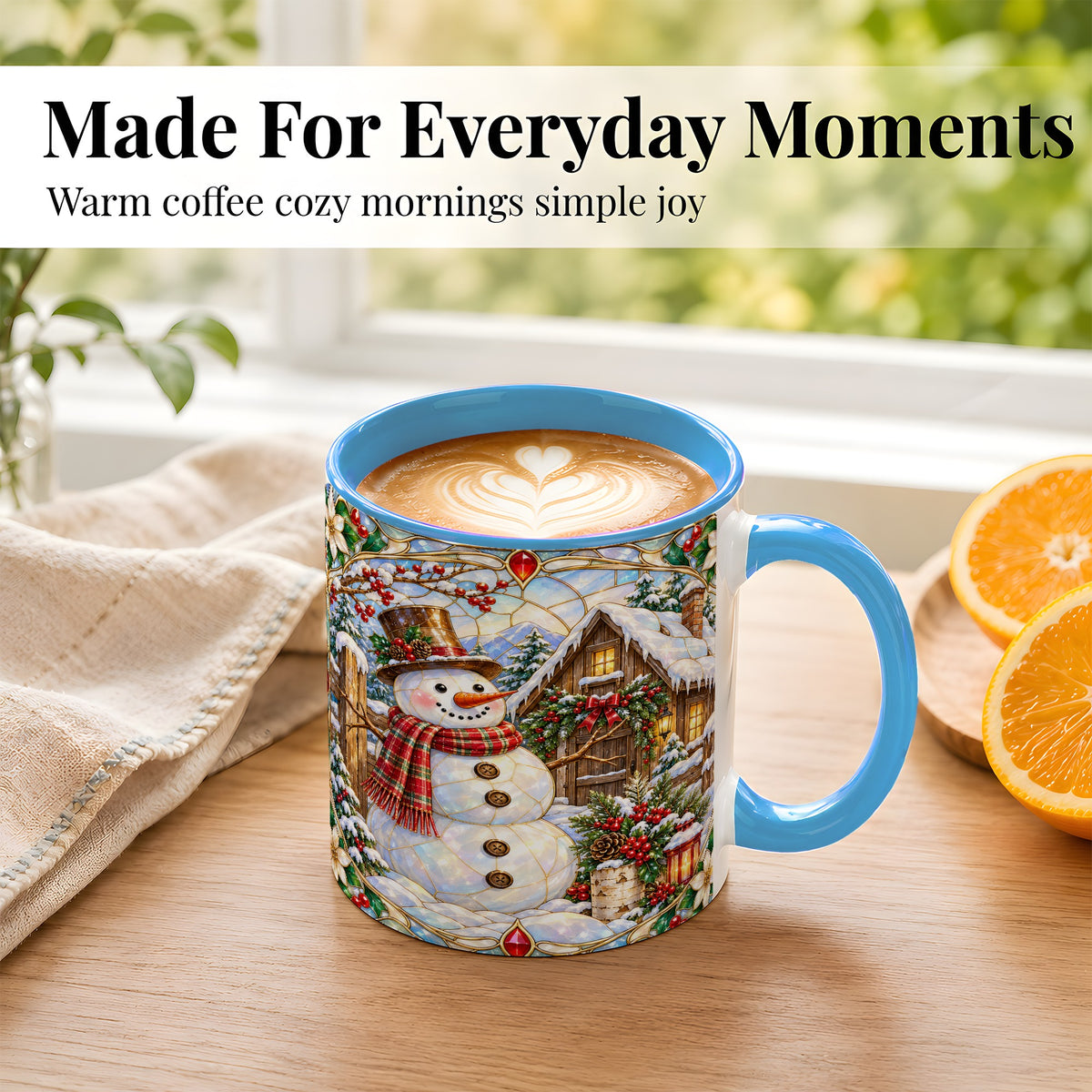 #pl[11oz|Blue] Stained Glass Snowman Coffee Mug, Winter Cabin Mug, Ceramic Cup