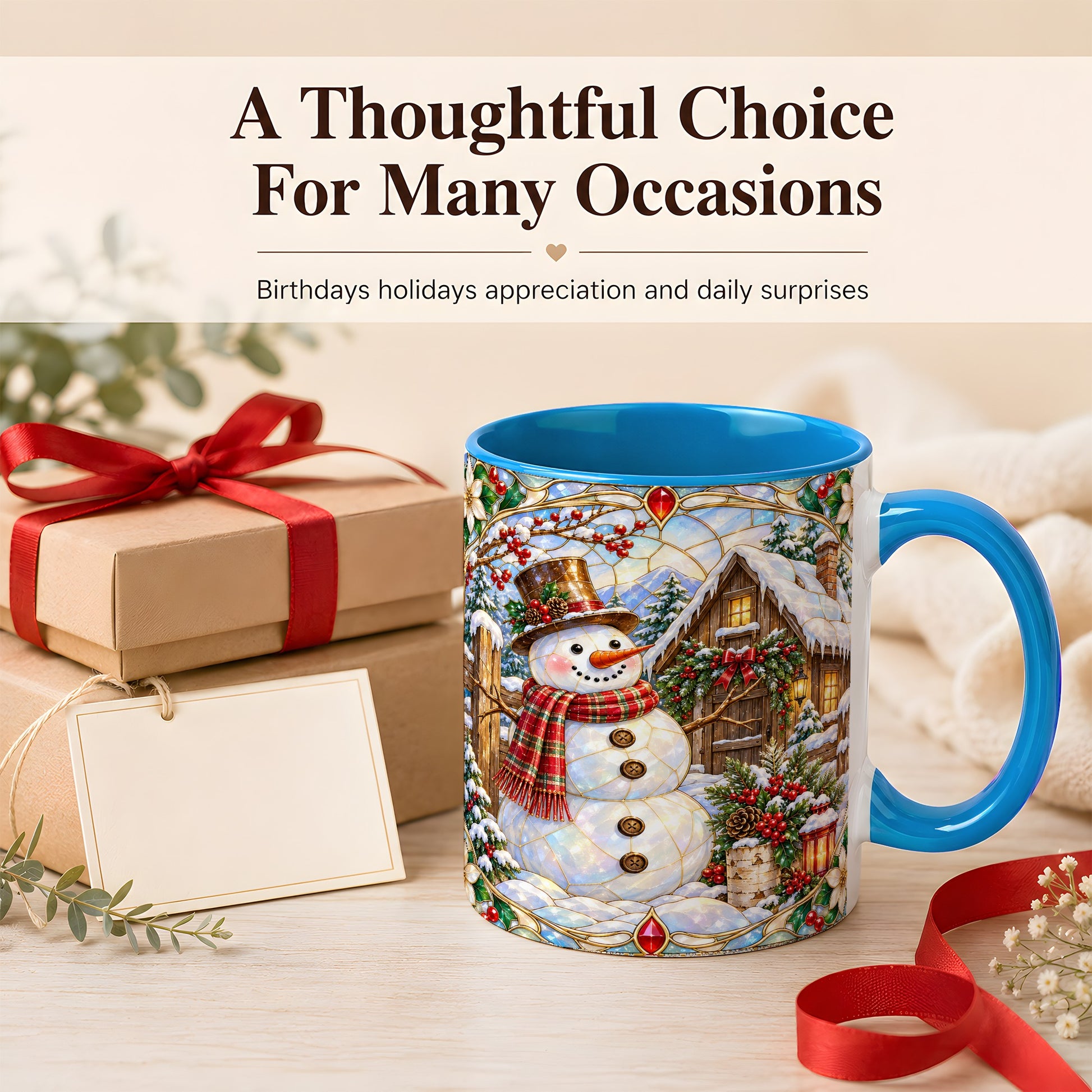 #pl[11oz|Blue] Stained Glass Snowman Coffee Mug, Winter Cabin Mug, Ceramic Cup