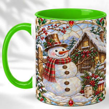 #pl[11oz|Green] Stained Glass Snowman Coffee Mug, Winter Cabin Mug, Ceramic Cup