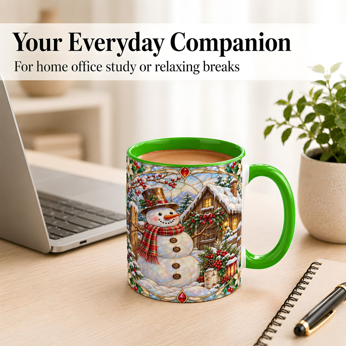 #pl[11oz|Green] Stained Glass Snowman Coffee Mug, Winter Cabin Mug, Ceramic Cup