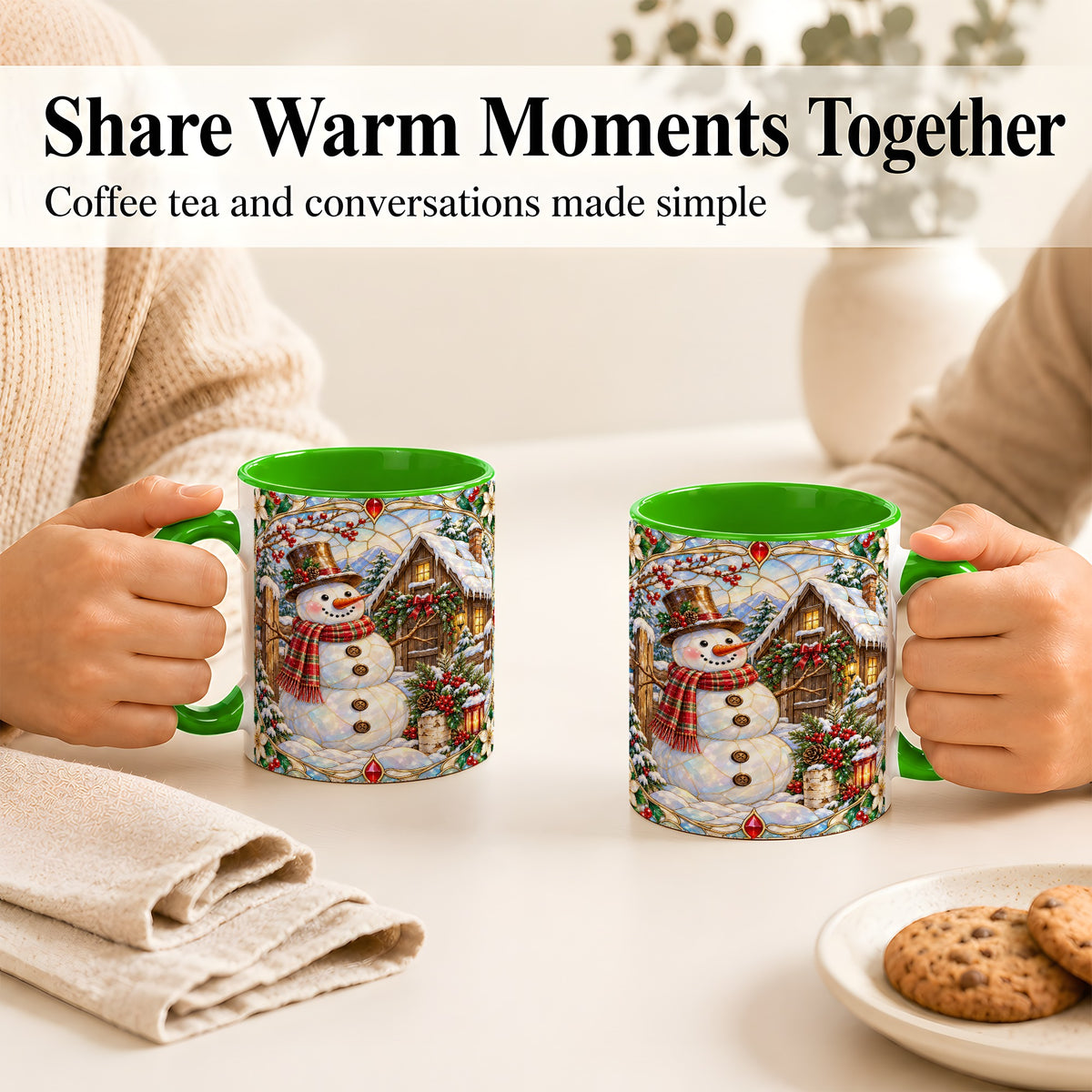 #pl[11oz|Green] Stained Glass Snowman Coffee Mug, Winter Cabin Mug, Ceramic Cup