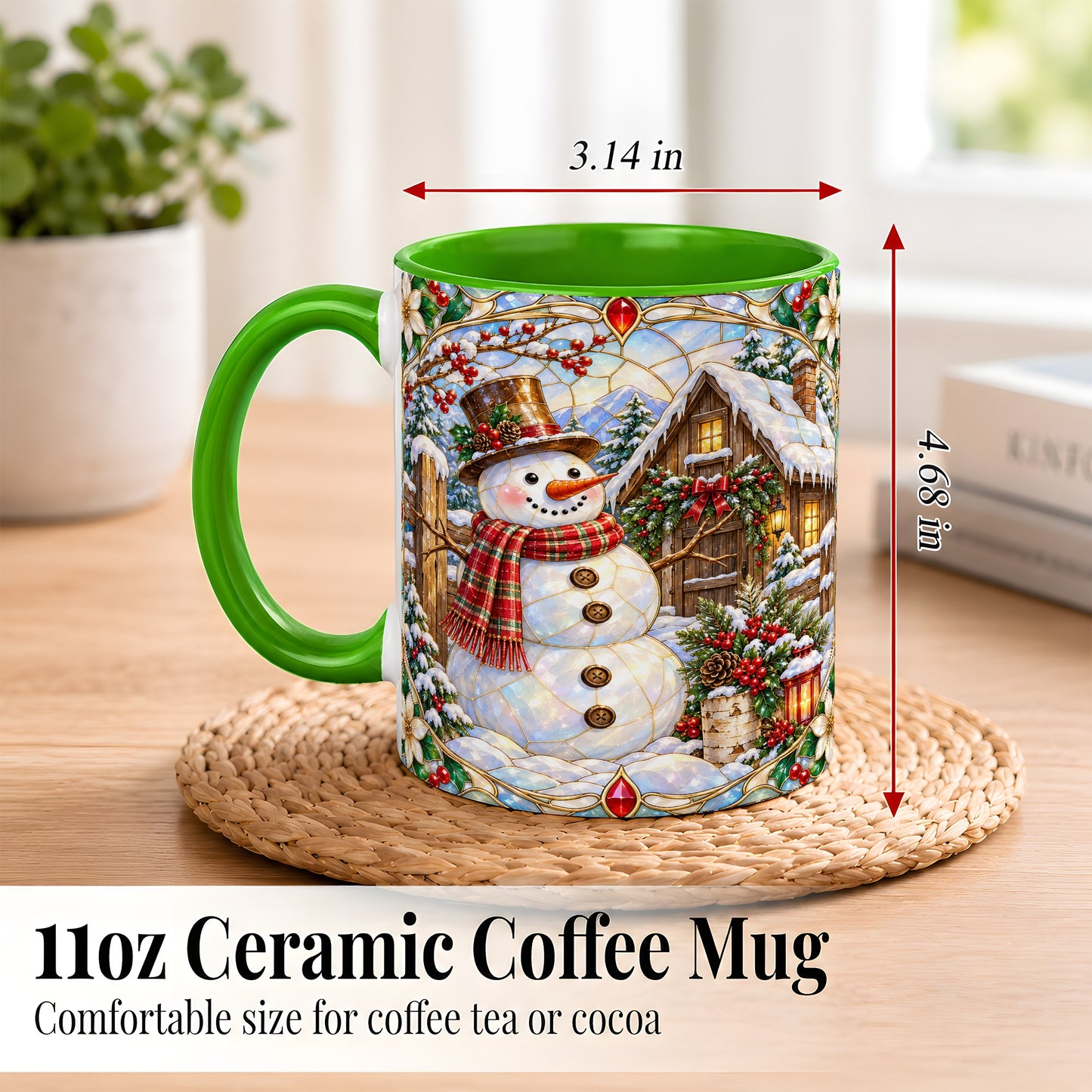 #pl[11oz|Green] Stained Glass Snowman Coffee Mug, Winter Cabin Mug, Ceramic Cup