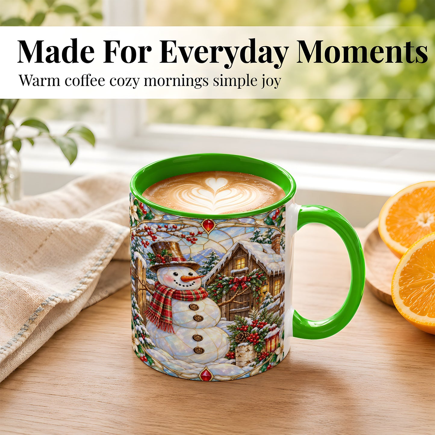 #pl[11oz|Green] Stained Glass Snowman Coffee Mug, Winter Cabin Mug, Ceramic Cup
