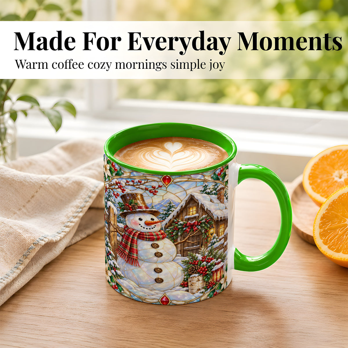 #pl[11oz|Green] Stained Glass Snowman Coffee Mug, Winter Cabin Mug, Ceramic Cup
