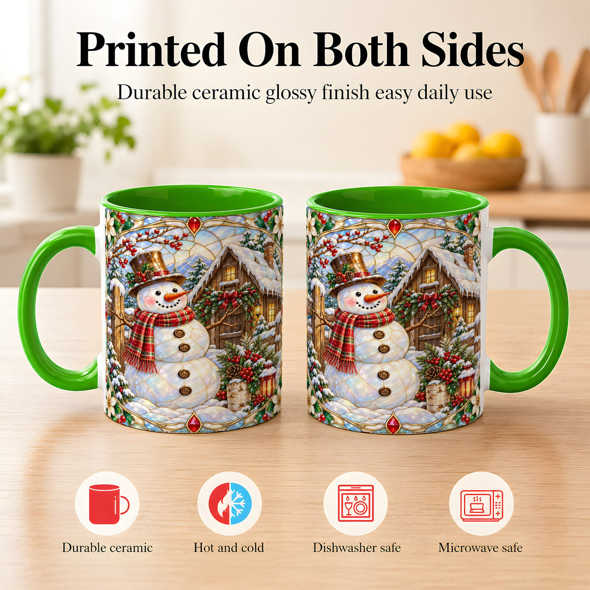 #pl[11oz|Green] Stained Glass Snowman Coffee Mug, Winter Cabin Mug, Ceramic Cup