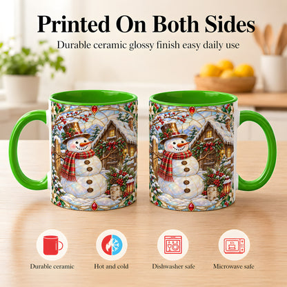 #pl[11oz|Green] Stained Glass Snowman Coffee Mug, Winter Cabin Mug, Ceramic Cup