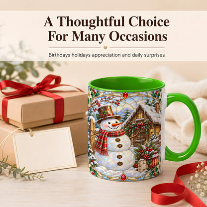 #pl[11oz|Green] Stained Glass Snowman Coffee Mug, Winter Cabin Mug, Ceramic Cup
